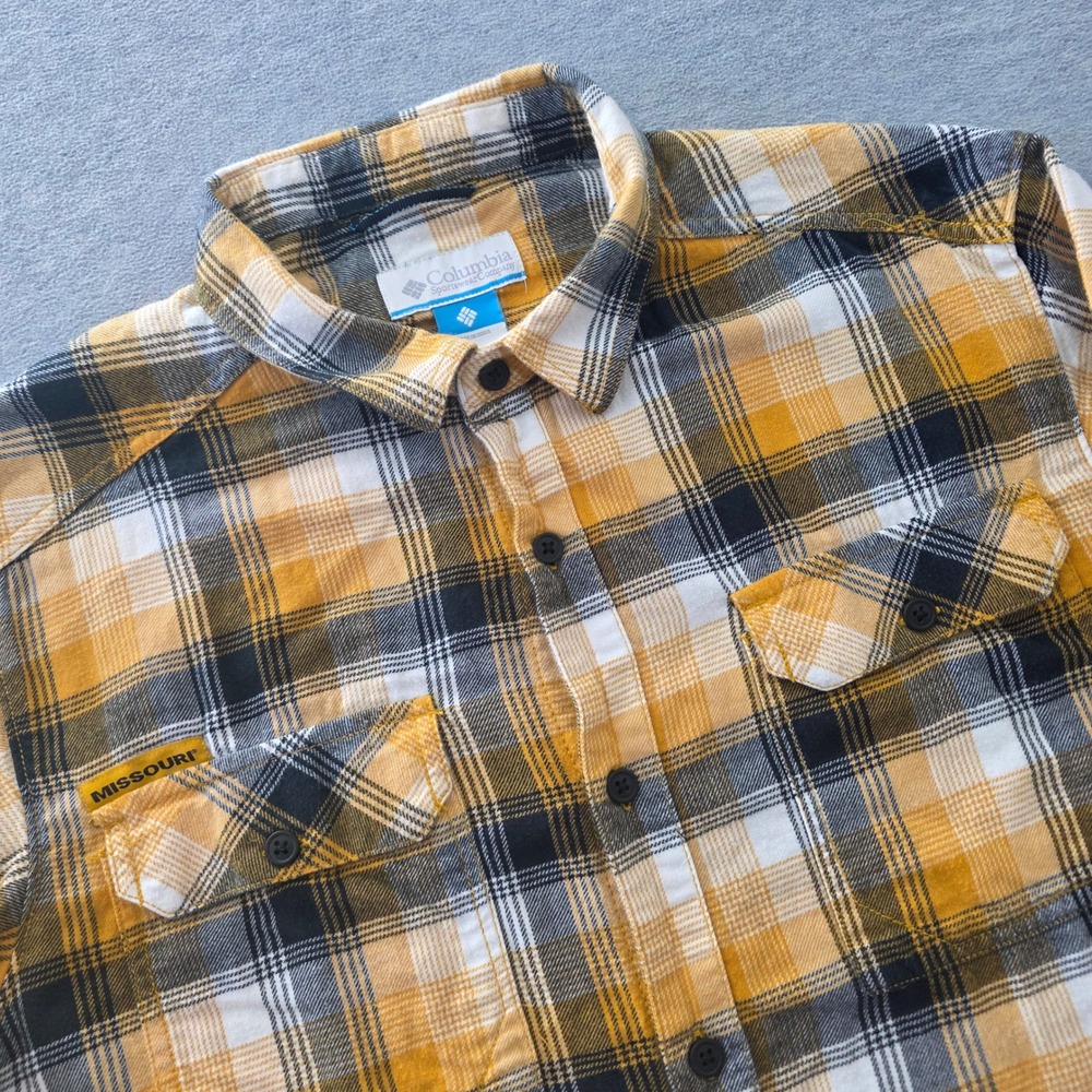 Columbia Missouri Tigers Mens Large Yellow Black Plaid Flannel Button Down Shirt